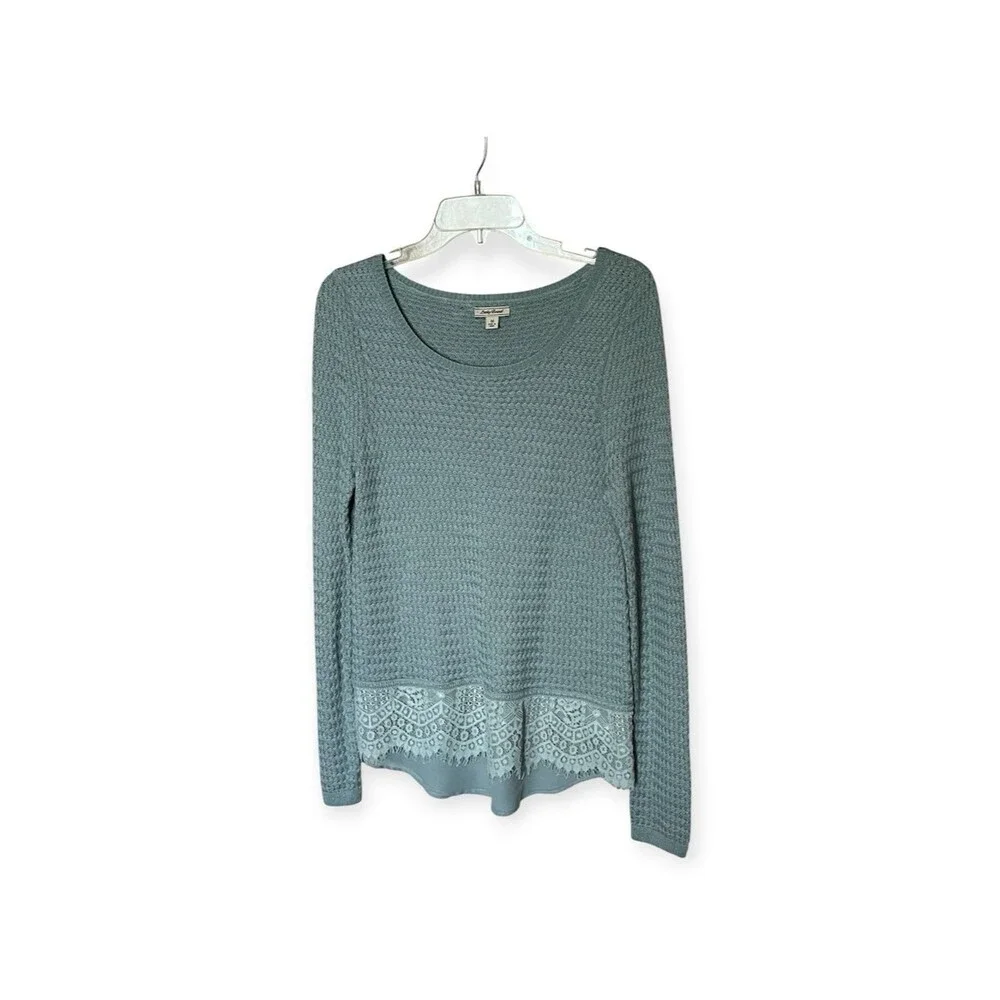Lucky Brand Cotton-Blend Pullover Seafoam Sweater with Lace Bottom Size Medium